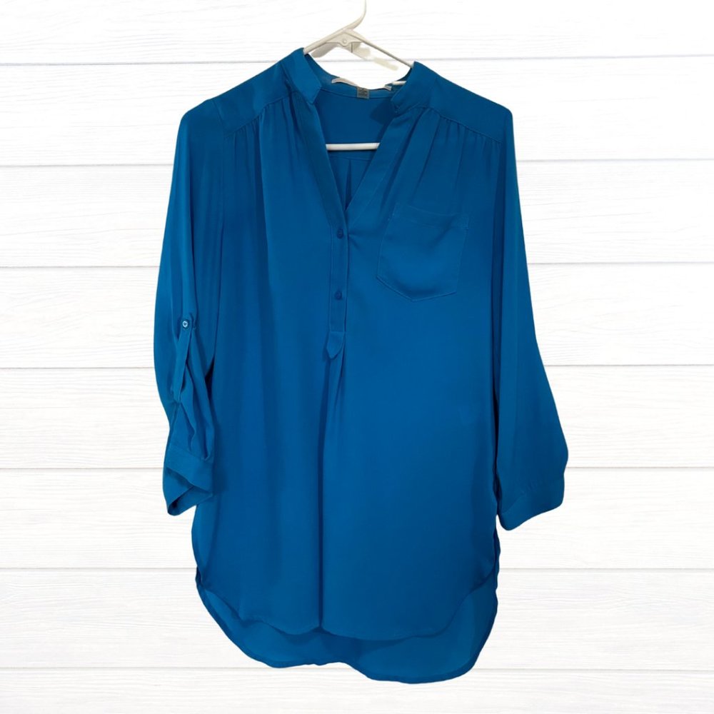 Stitch Fix 41 Hawthorn Women's Small Blue Ruched Button Up Polo Dress Shirt